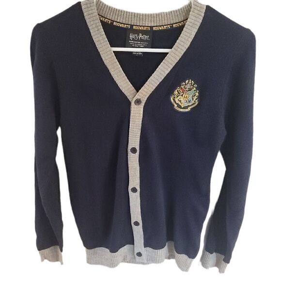 Harry Potter Navy Blue Heather Gray Knit Hogwarts Sweater Cardigan Button Up - Picture 2 of 9